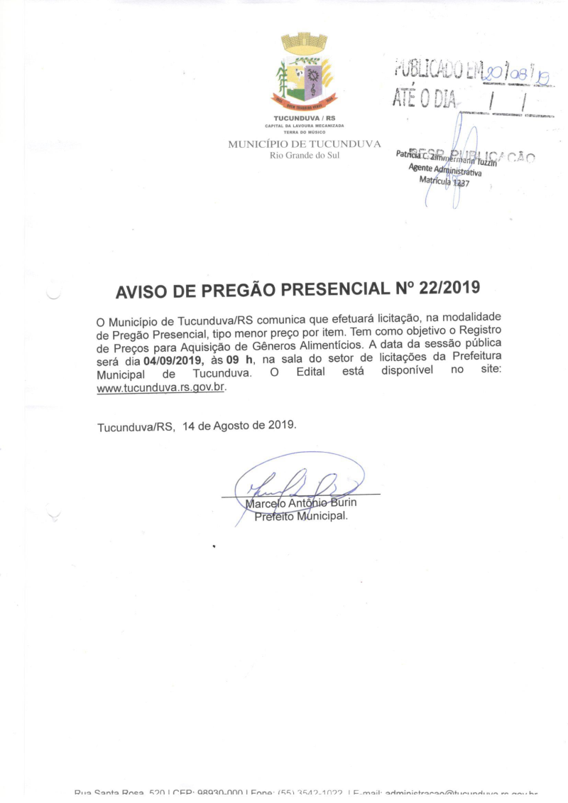 AVISO DE LICITAÇÃO - PREGÃO PRESENCIAL Nº 22/2019